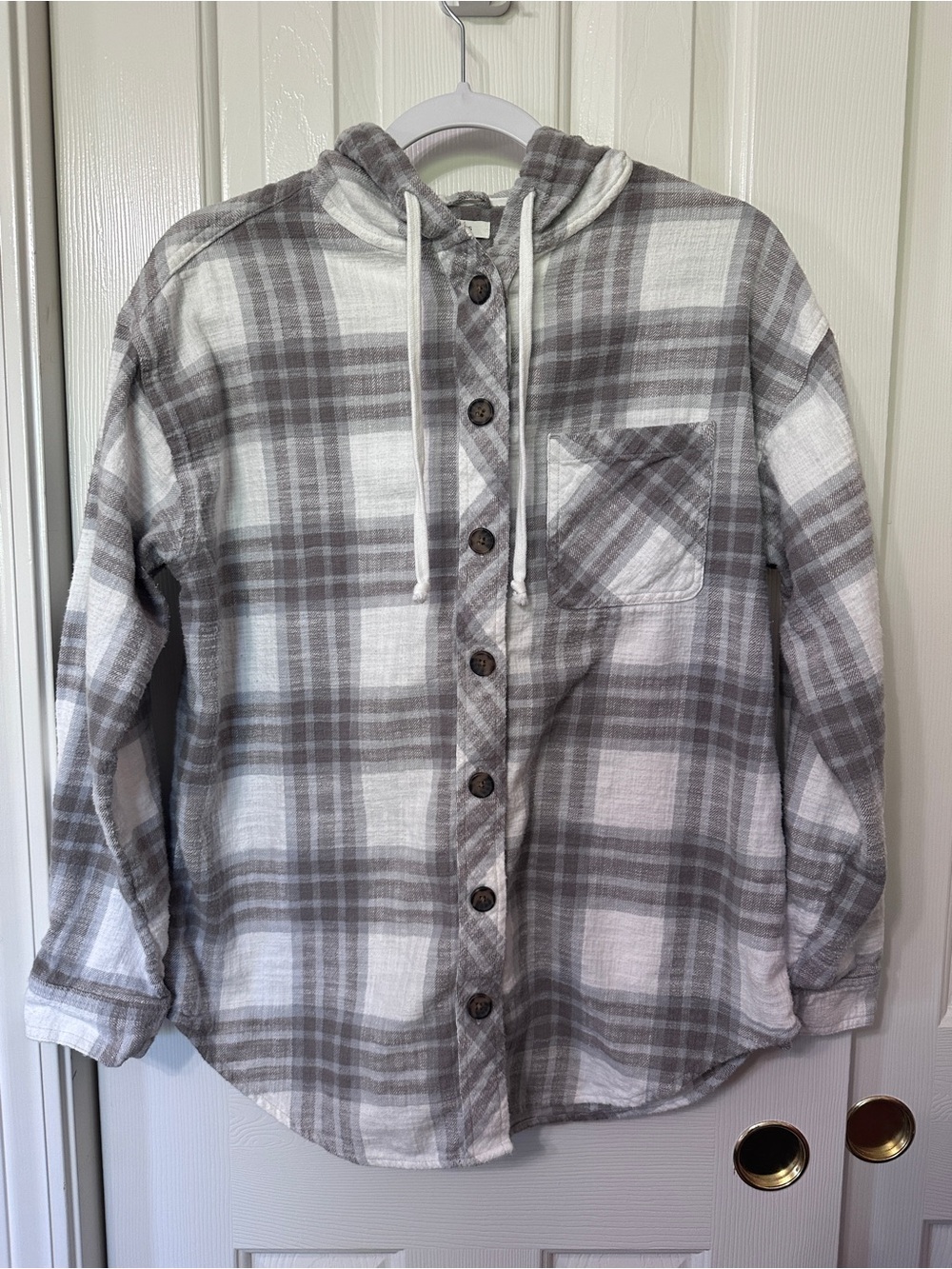 Maurices Gray and White Plaid Button-Down Hooded Shirt